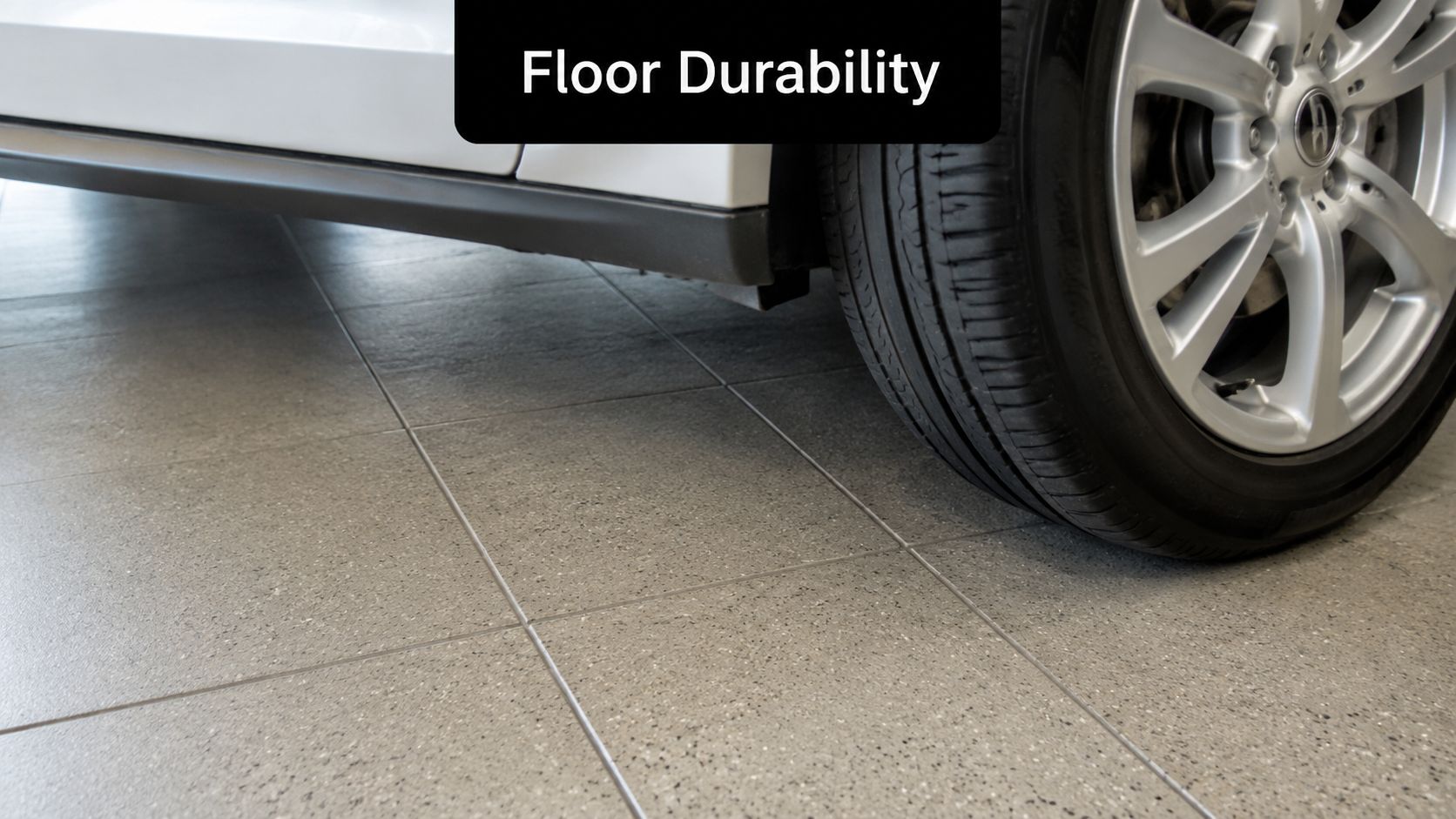 Garage Floor Tiles: Your 2026 Guide to a Flawless Finish 4 A close-up view showing a car tire resting on durable gray speckled tiles in a garage.