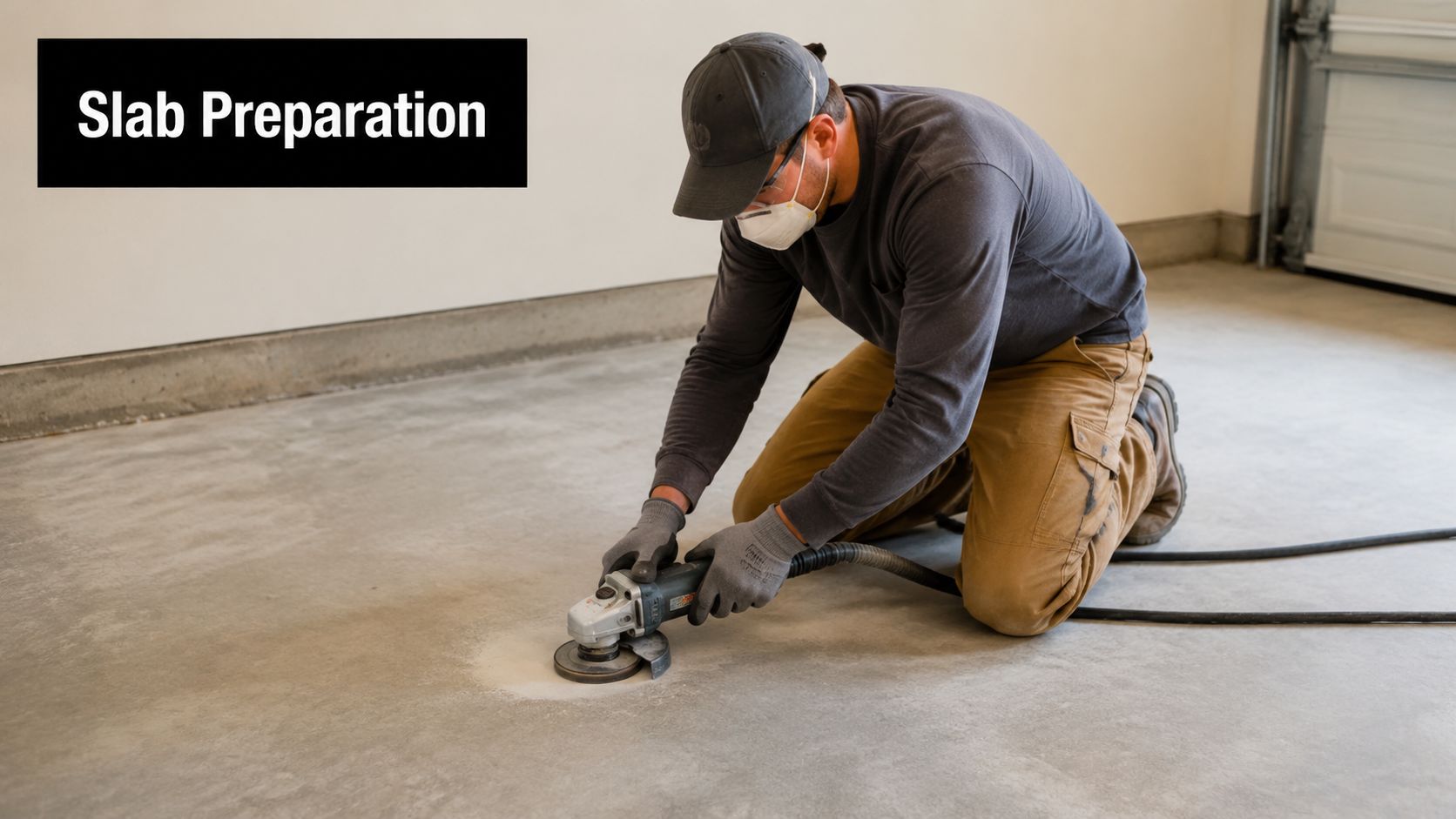 Garage Floor Tiles: Your 2026 Guide to a Flawless Finish 2 A professional construction worker grinding a concrete garage floor to prepare the surface for a new coating.
