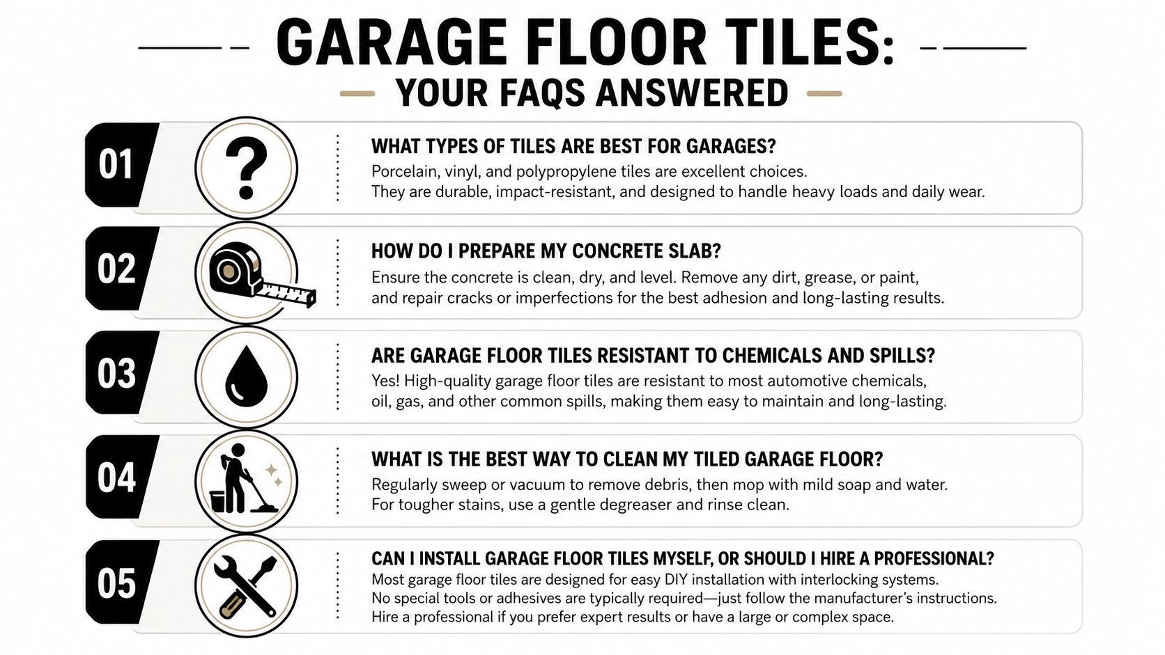 Garage Floor Tiles: Your 2026 Guide to a Flawless Finish 5 An infographic titled Garage Floor Tiles answering five common frequently asked questions about installation, maintenance, and preparation.