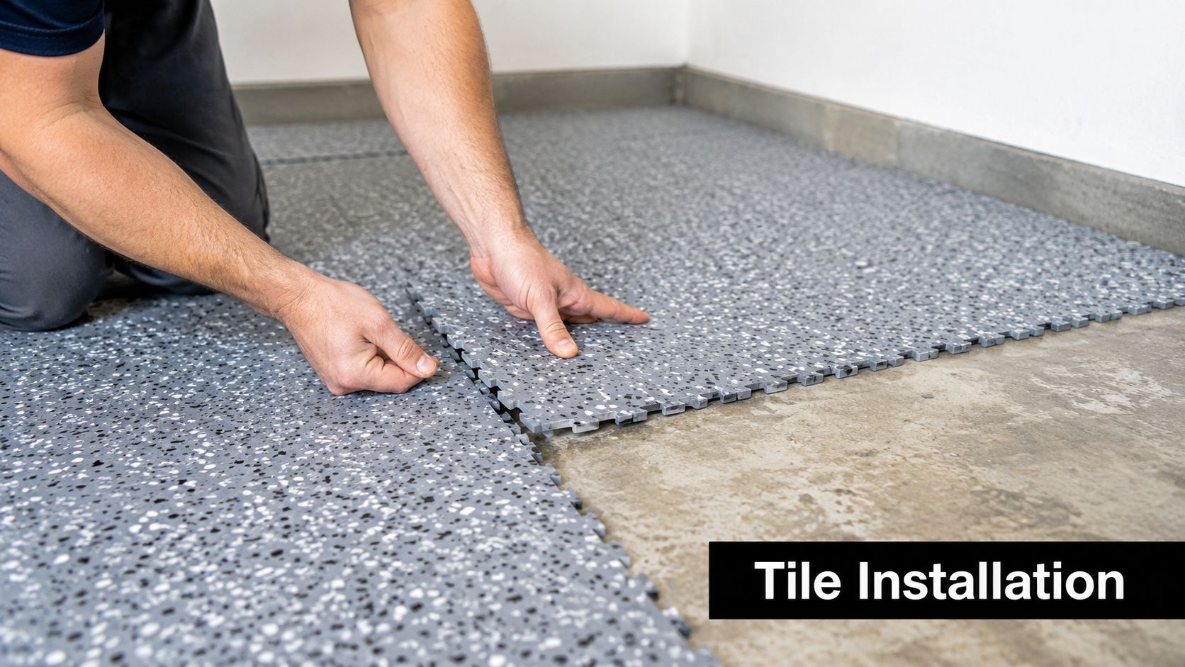 Garage Floor Tiles: Your 2026 Guide to a Flawless Finish 3 A person kneeling on a concrete floor while installing interlocking gray speckled modular garage floor tiles.