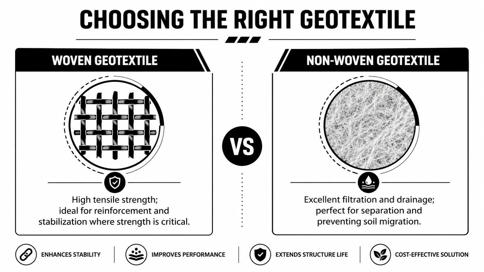Geotextile Fabric Installation for Shed & Garage Pads 2 A comparative infographic showing the structural differences and benefits of woven versus non-woven geotextile fabrics for engineering.