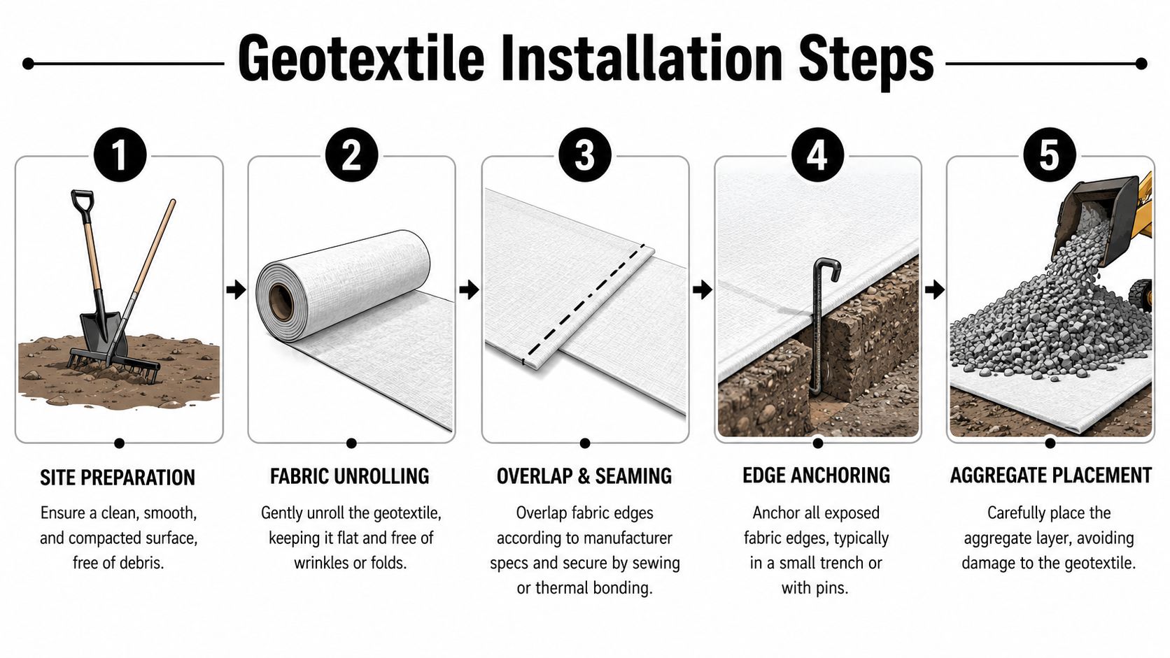 Geotextile Fabric Installation for Shed & Garage Pads 4 An infographic showing five essential steps for professional installation of geotextile fabric on a construction site.