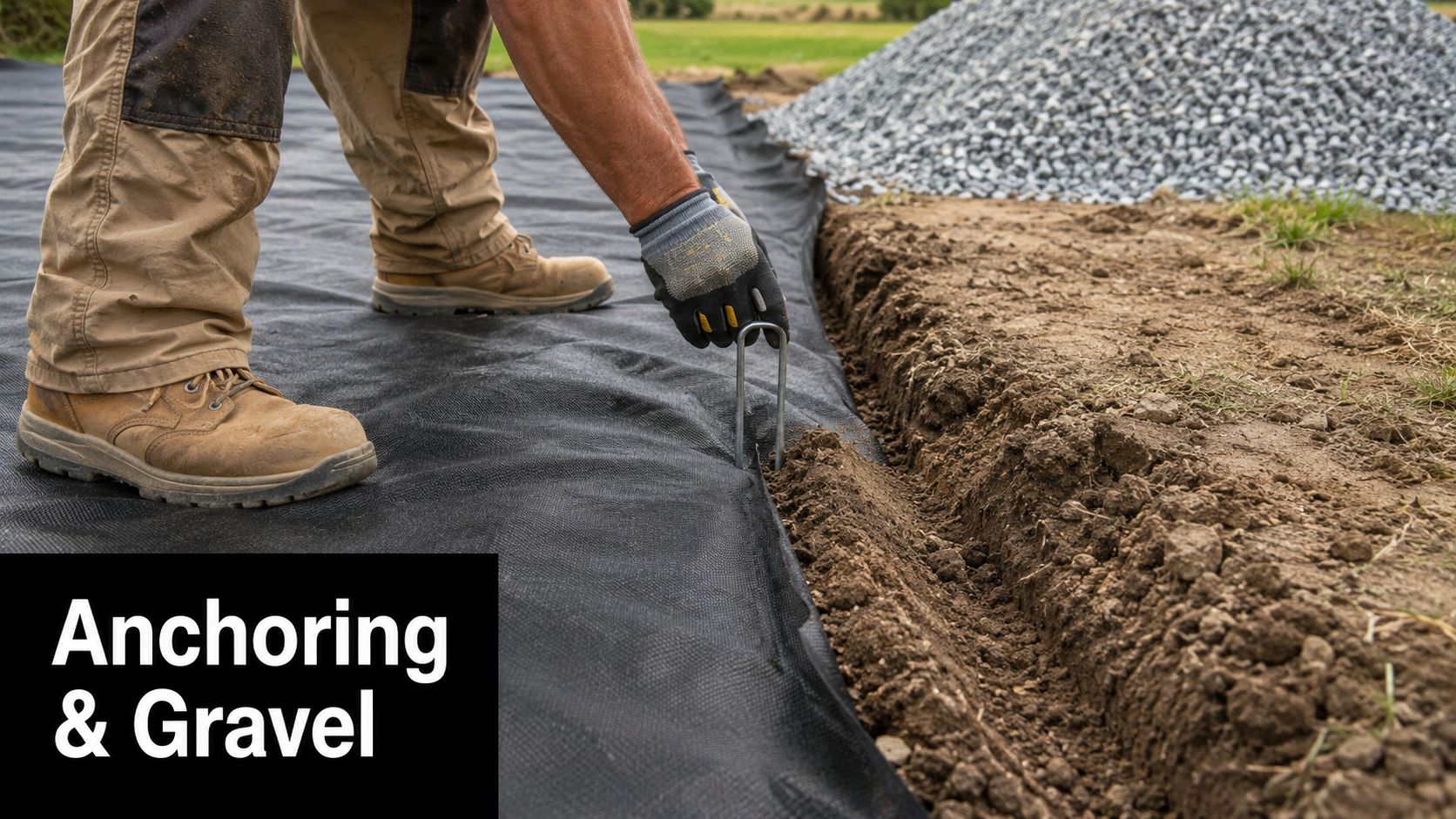 Geotextile Fabric Installation for Shed & Garage Pads 5 A construction worker securing black geotextile landscape fabric into the soil using a metal anchor pin.