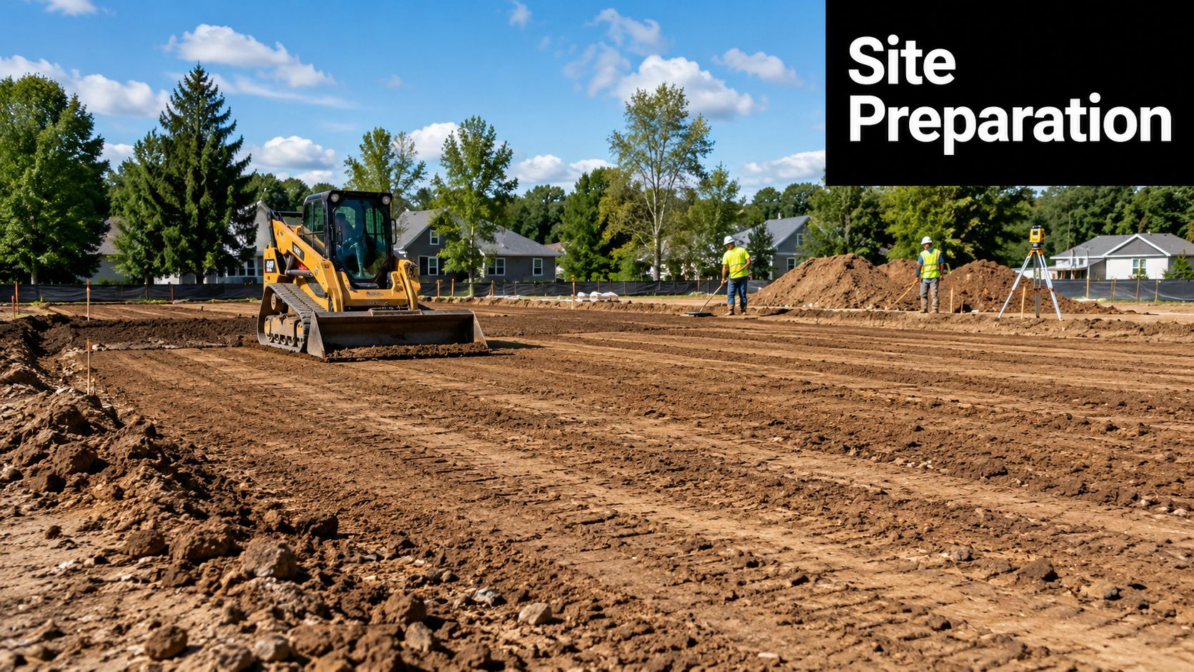 Geotextile Fabric Installation for Shed & Garage Pads 3 A yellow skid steer loader leveling soil on a construction site with workers nearby in the background.