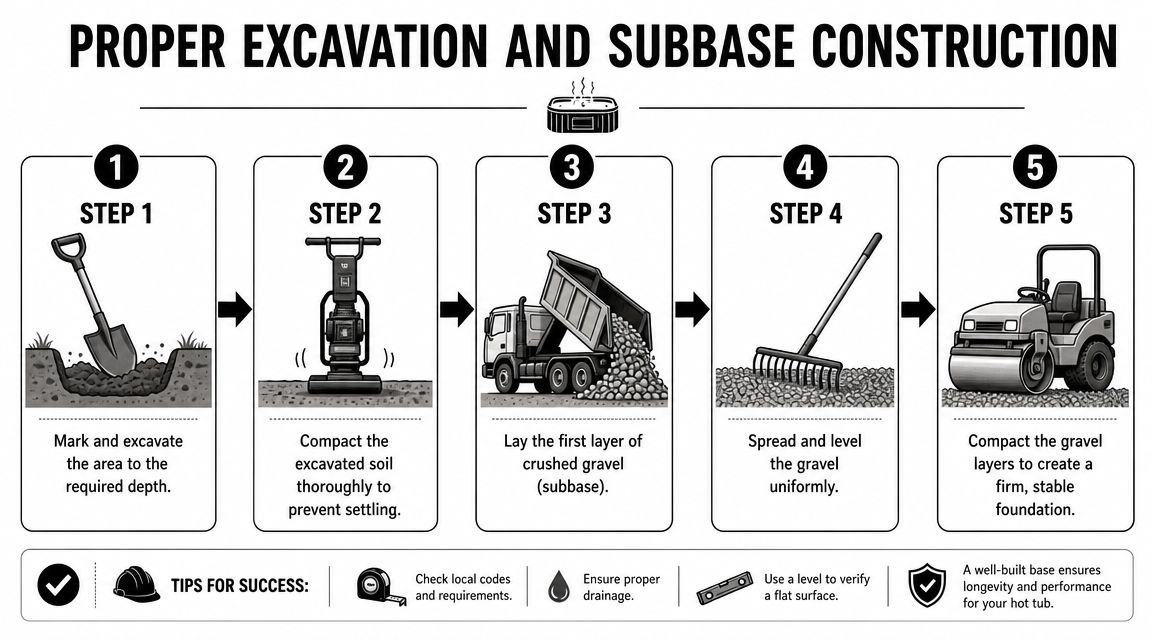 Hot Tub Base Pavers: Your Guide to Solid Foundations 4 A step-by-step infographic illustrating the proper excavation and subbase construction process for a hot tub base.