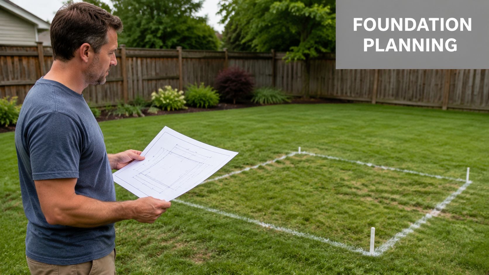 Hot Tub Base Pavers: Your Guide to Solid Foundations 2 A man holding construction plans while standing in a yard with a marked foundation area for a project.