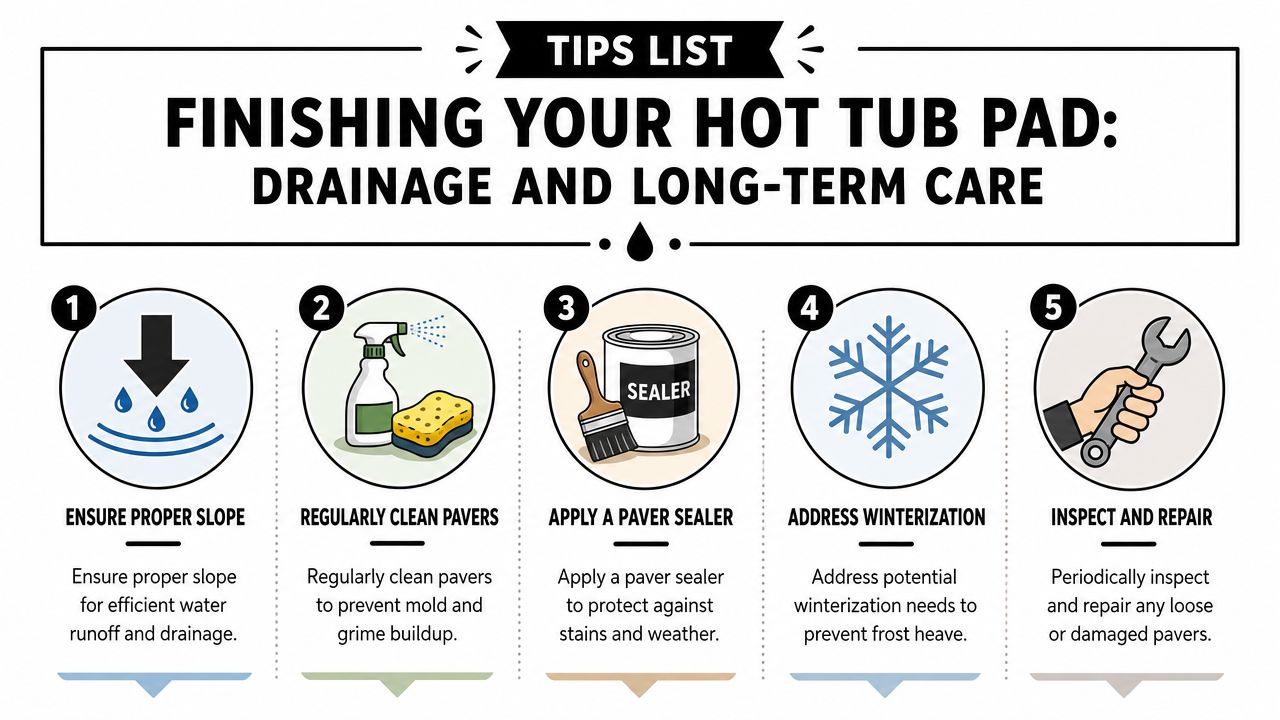 Hot Tub Base Pavers: Your Guide to Solid Foundations 5 An infographic titled Finishing Your Hot Tub Pad offering five essential tips for paver maintenance and drainage.