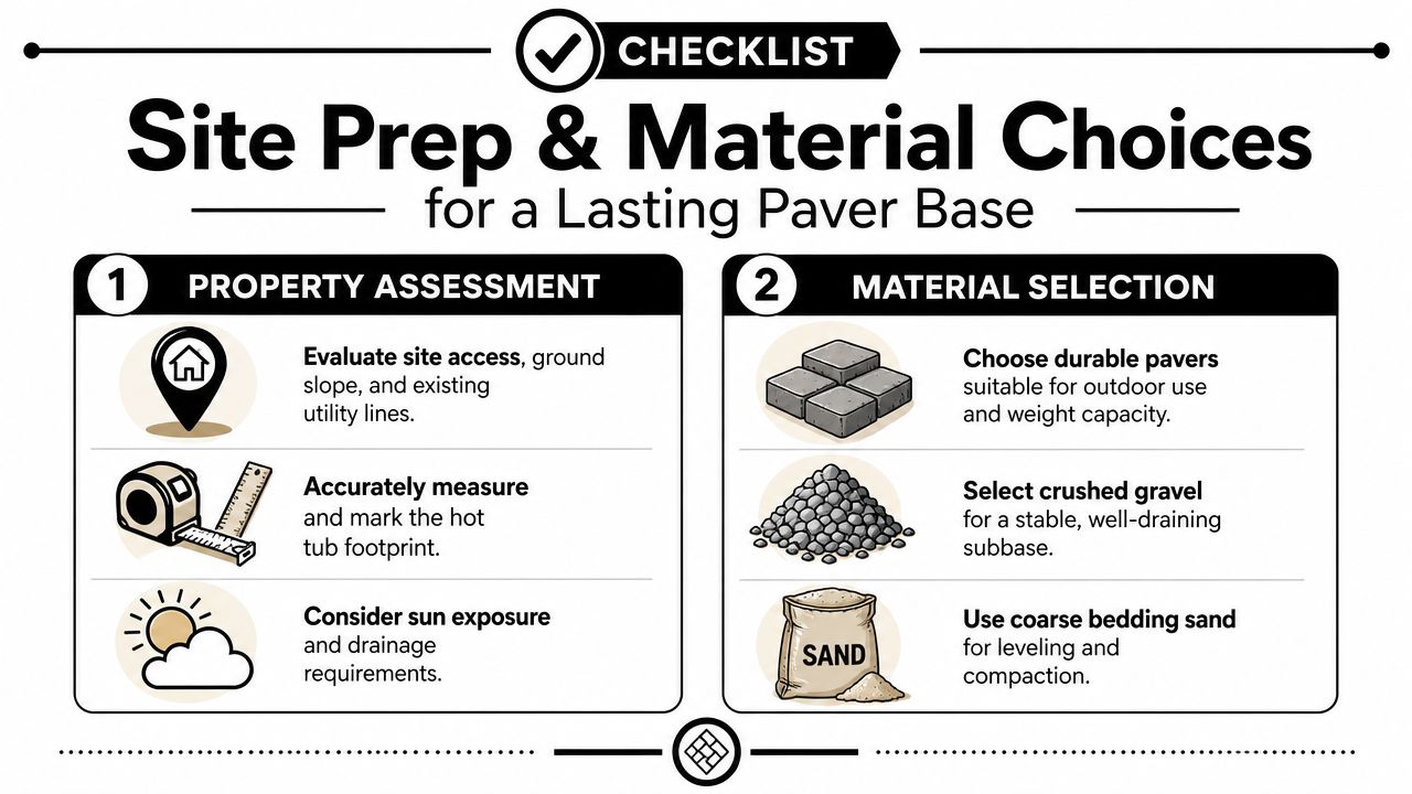 Hot Tub Base Pavers: Your Guide to Solid Foundations 3 An infographic checklist outlining site preparation and material selection steps for building a stable hot tub base.