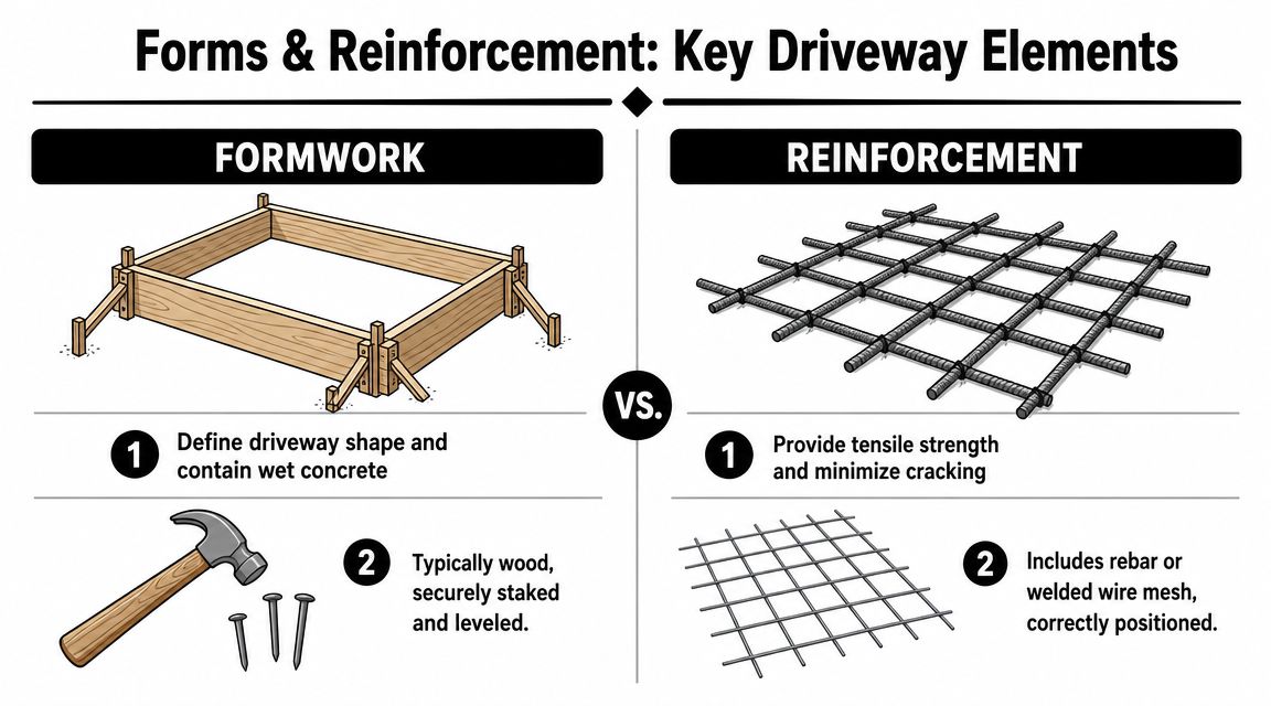 How to Concrete a Driveway: Pro Guide for PA, MD, DE, NJ 3 A comparative guide showing formwork and reinforcement elements essential for building a concrete driveway.