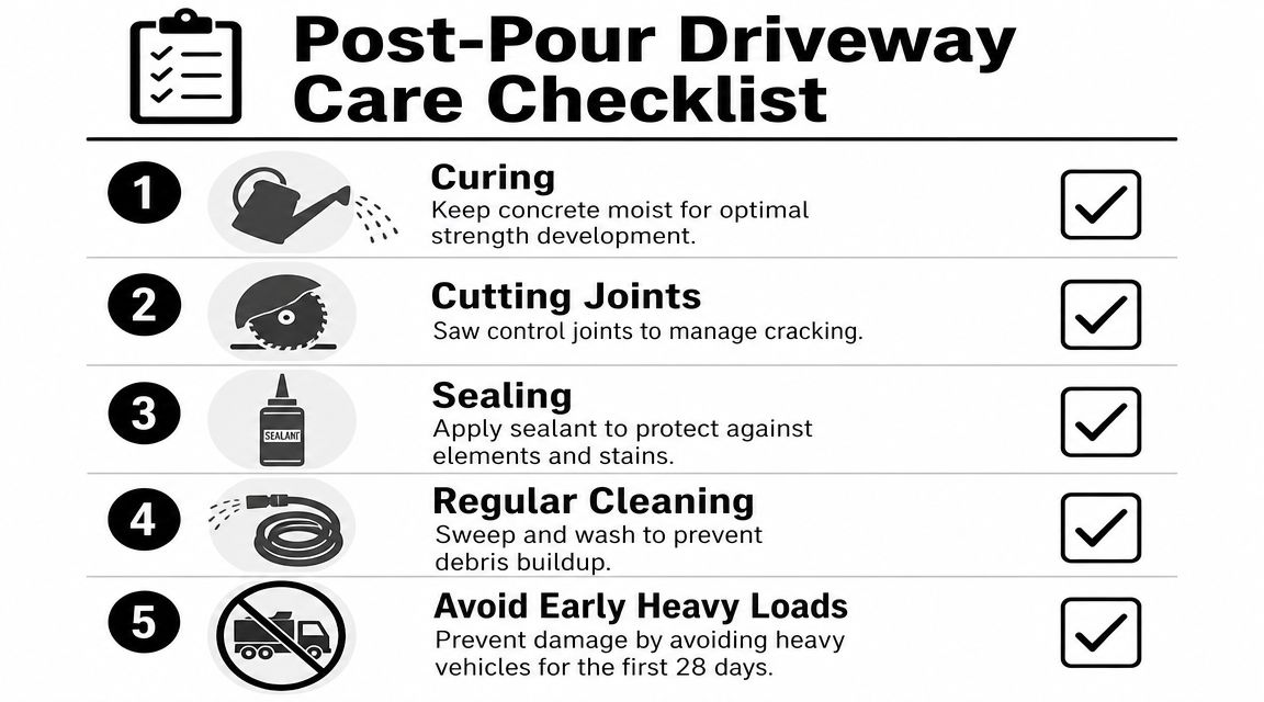 How to Concrete a Driveway: Pro Guide for PA, MD, DE, NJ 4 A checklist for post-pour driveway care featuring five essential maintenance steps for durable, high-quality concrete surfaces.