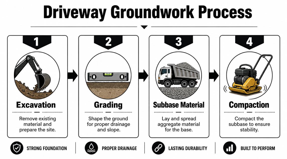 How to Concrete a Driveway: Pro Guide for PA, MD, DE, NJ 2 A diagram illustrating the four steps of the driveway groundwork process: excavation, grading, subbase material, and compaction.
