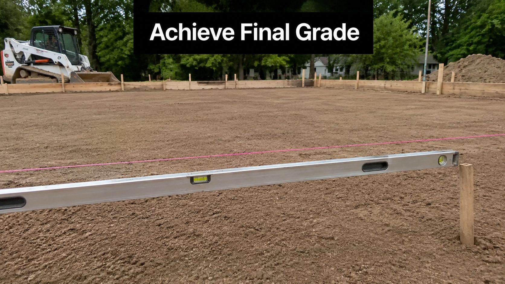 How to Level Uneven Ground for Your Shed or Garage 5 A construction site showing a leveled ground surface with a spirit level for foundation preparation work.