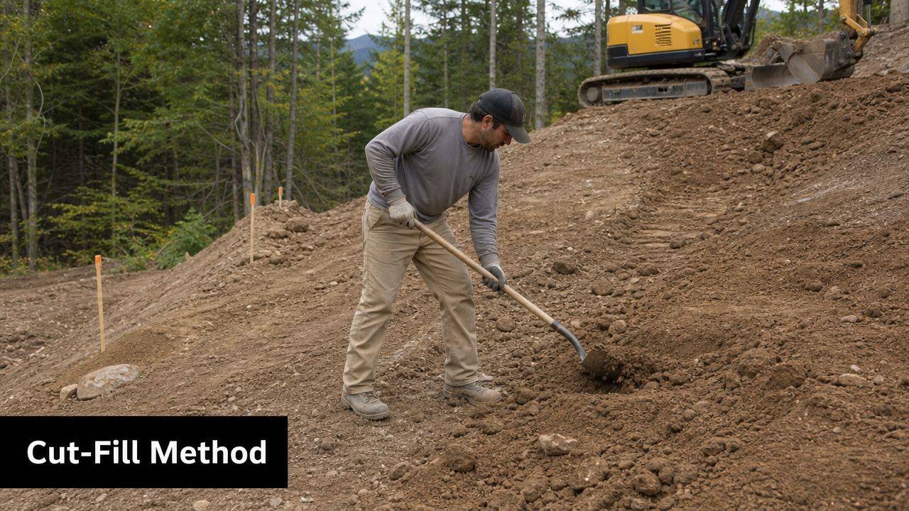 How to Level Uneven Ground for Your Shed or Garage 4 A construction worker uses a shovel to level dirt on a hillside for site preparation.