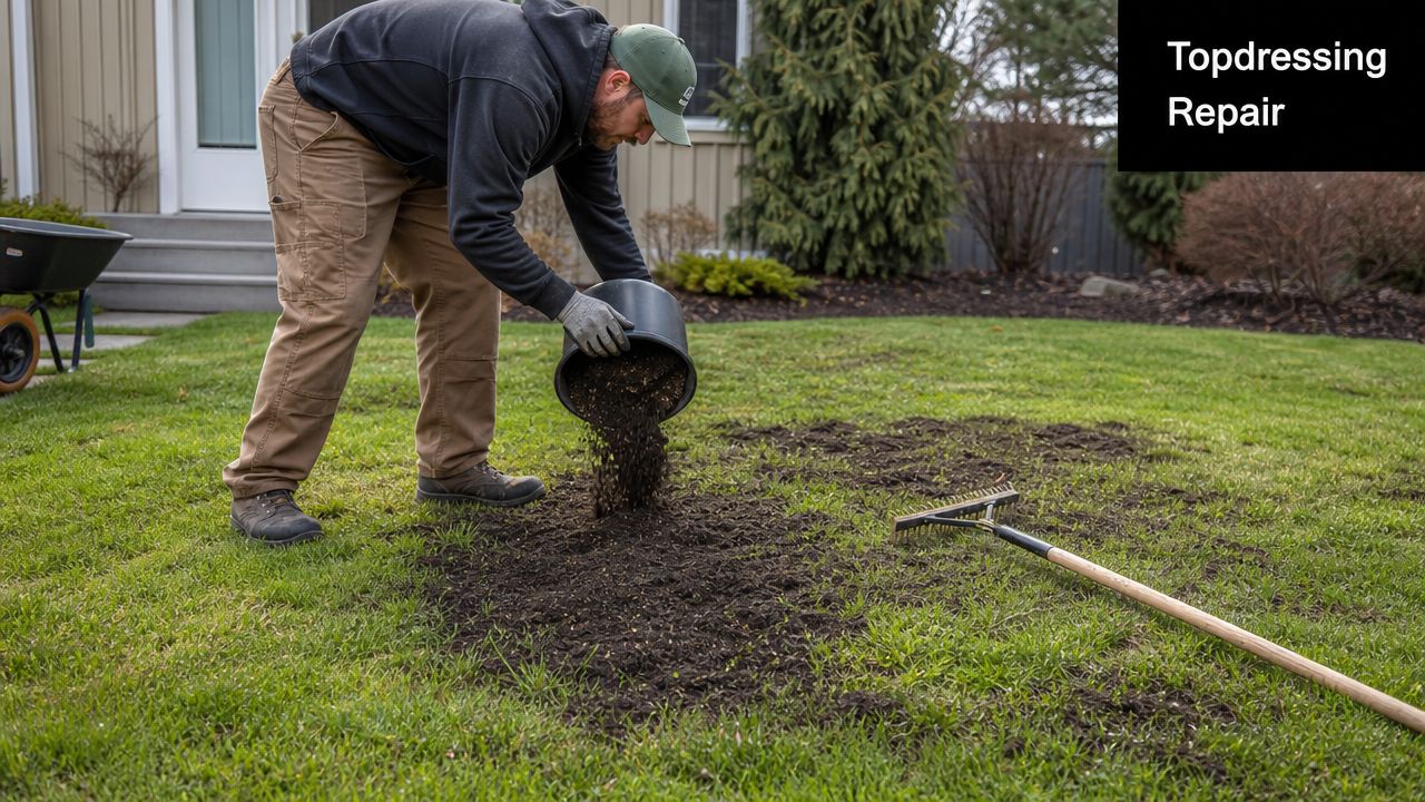 How to Level Uneven Ground for Your Shed or Garage 3 A professional landscaper spreading soil over a lawn repair area to level uneven ground in a backyard.