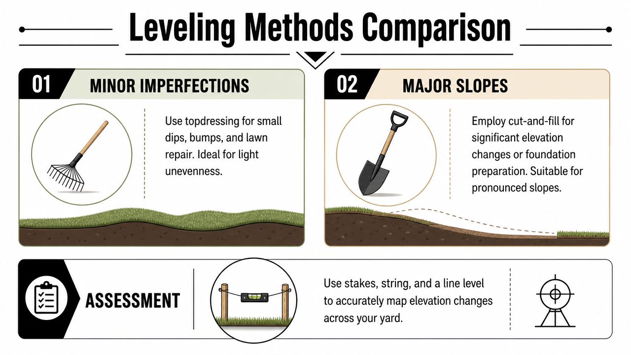 How to Level Uneven Ground for Your Shed or Garage 2 An infographic comparing methods for leveling uneven ground, showing tools for minor imperfections and major slopes.