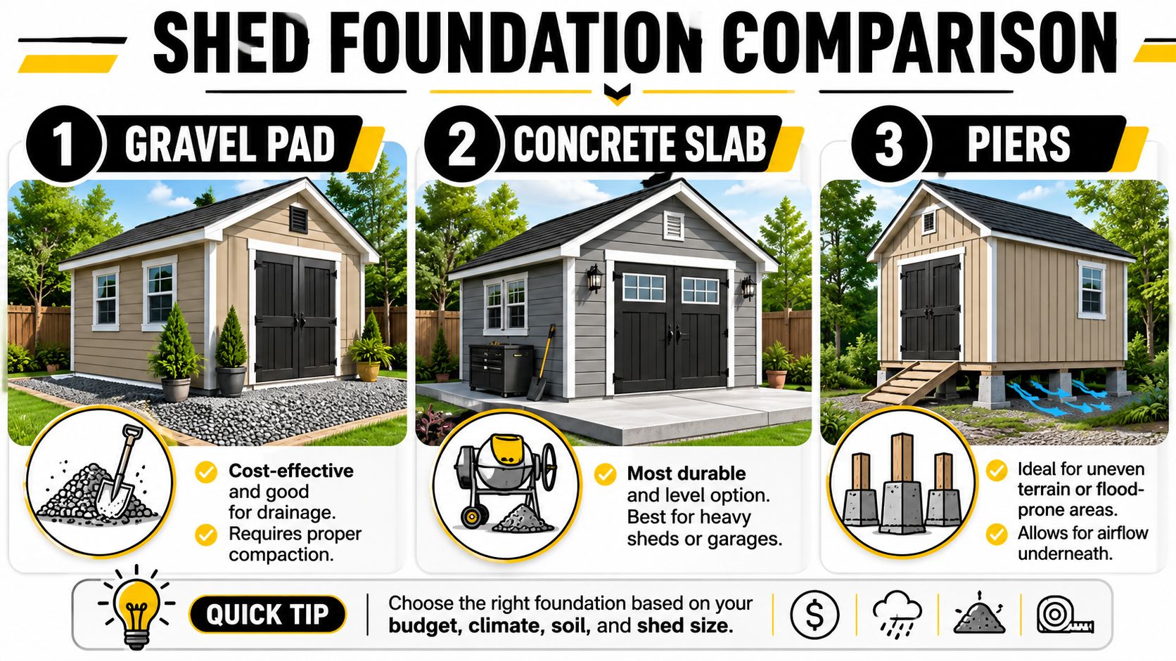 Mini Barn Shed Guide for PA & Mid-Atlantic Homeowners 3 A comparison chart showing three types of shed foundations: gravel pad, concrete slab, and piers for sheds.