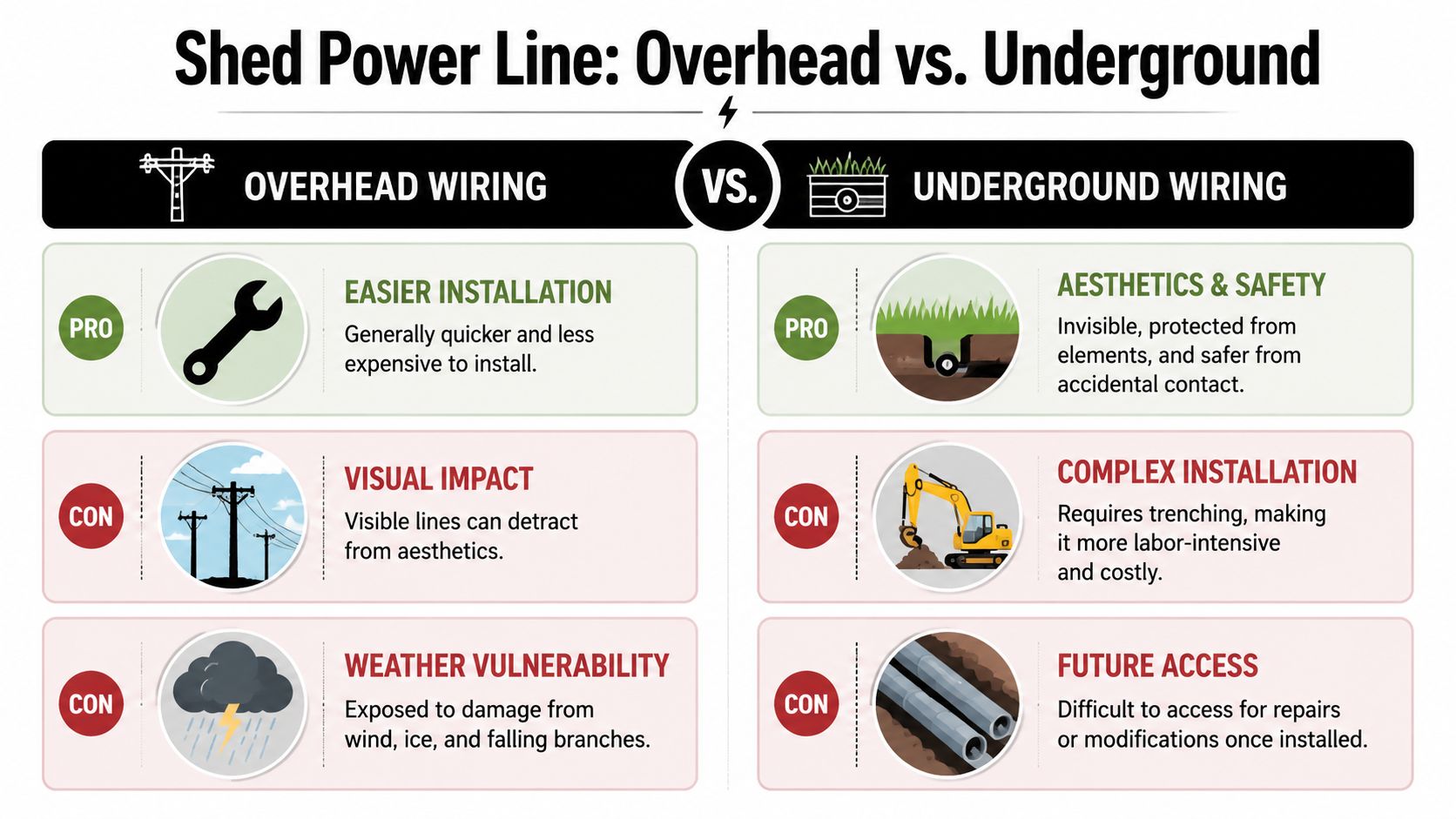 Shed Electrical Wiring: Safe Installs in PA, NJ, MD, DE 4 A comparison infographic showing the pros and cons of overhead versus underground electrical wiring for sheds.