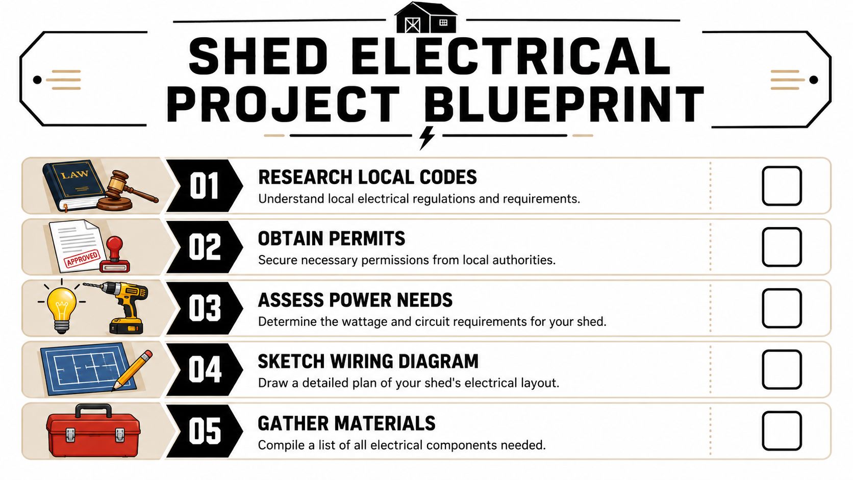 Shed Electrical Wiring: Safe Installs in PA, NJ, MD, DE 3 A checklist titled Shed Electrical Project Blueprint listing five planning steps for electrical shed installation.