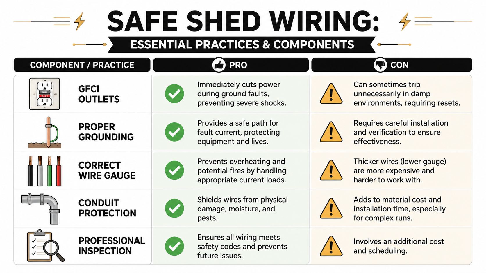 Shed Electrical Wiring: Safe Installs in PA, NJ, MD, DE 5 A chart detailing essential practices and components for safe electrical wiring in a garden shed environment.