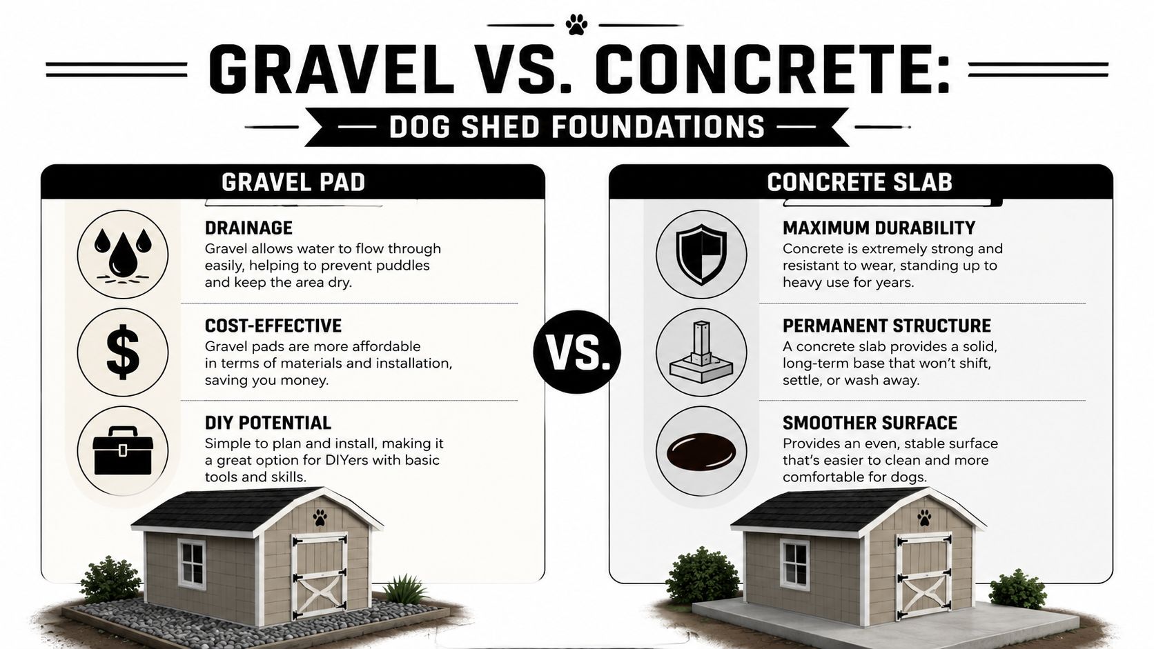 A Durable Shed for Dogs: A PA & MD Foundation Guide 3 A comparison infographic between gravel and concrete foundations for a dog shed, illustrating pros and cons.