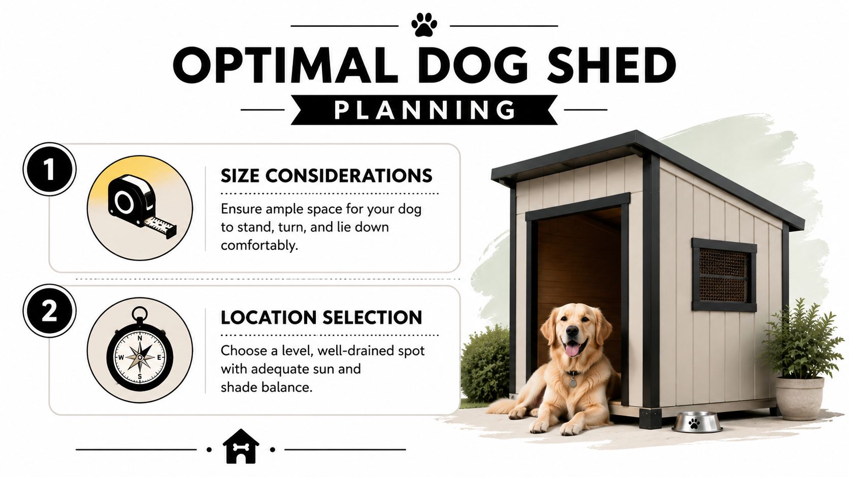 A Durable Shed for Dogs: A PA & MD Foundation Guide 2 An infographic titled Optimal Dog Shed Planning showing two steps for choosing a dog house location and size.