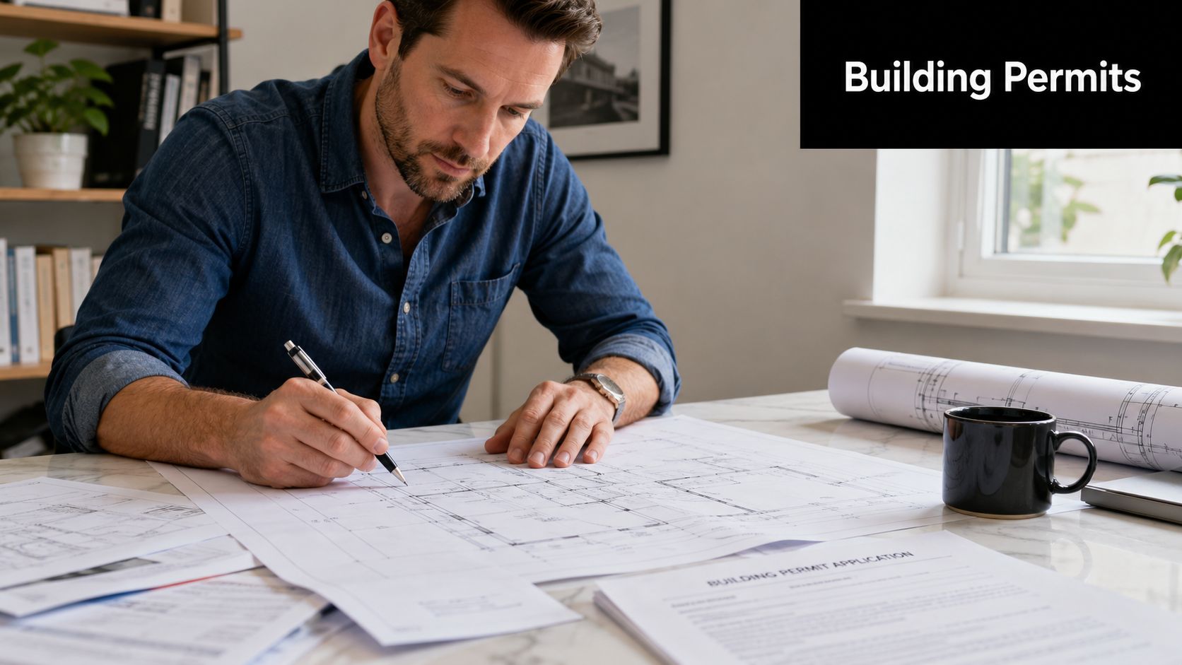 Shed Plans 20 X 20: A PA & MD Foundation Guide 2 A professional man sitting at a desk reviewing detailed architectural blueprints and building permit application forms.