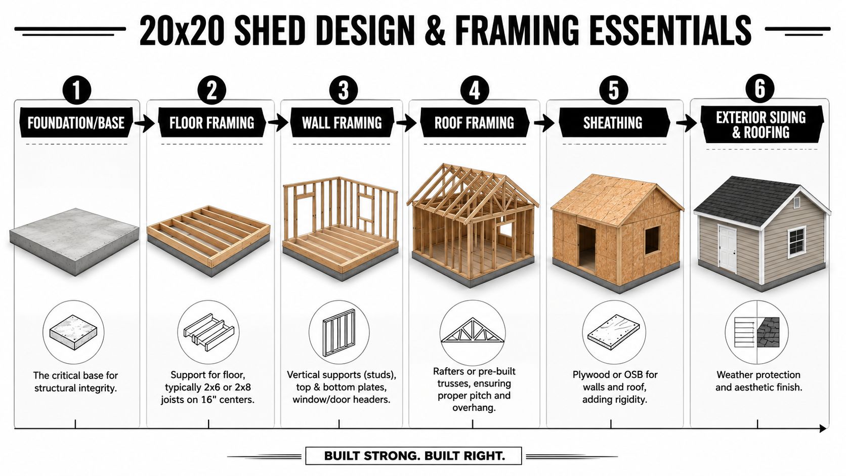 Shed Plans 20 X 20: A PA & MD Foundation Guide 4 A six-step infographic illustrating the essential construction stages for building a 20x20 foot shed.