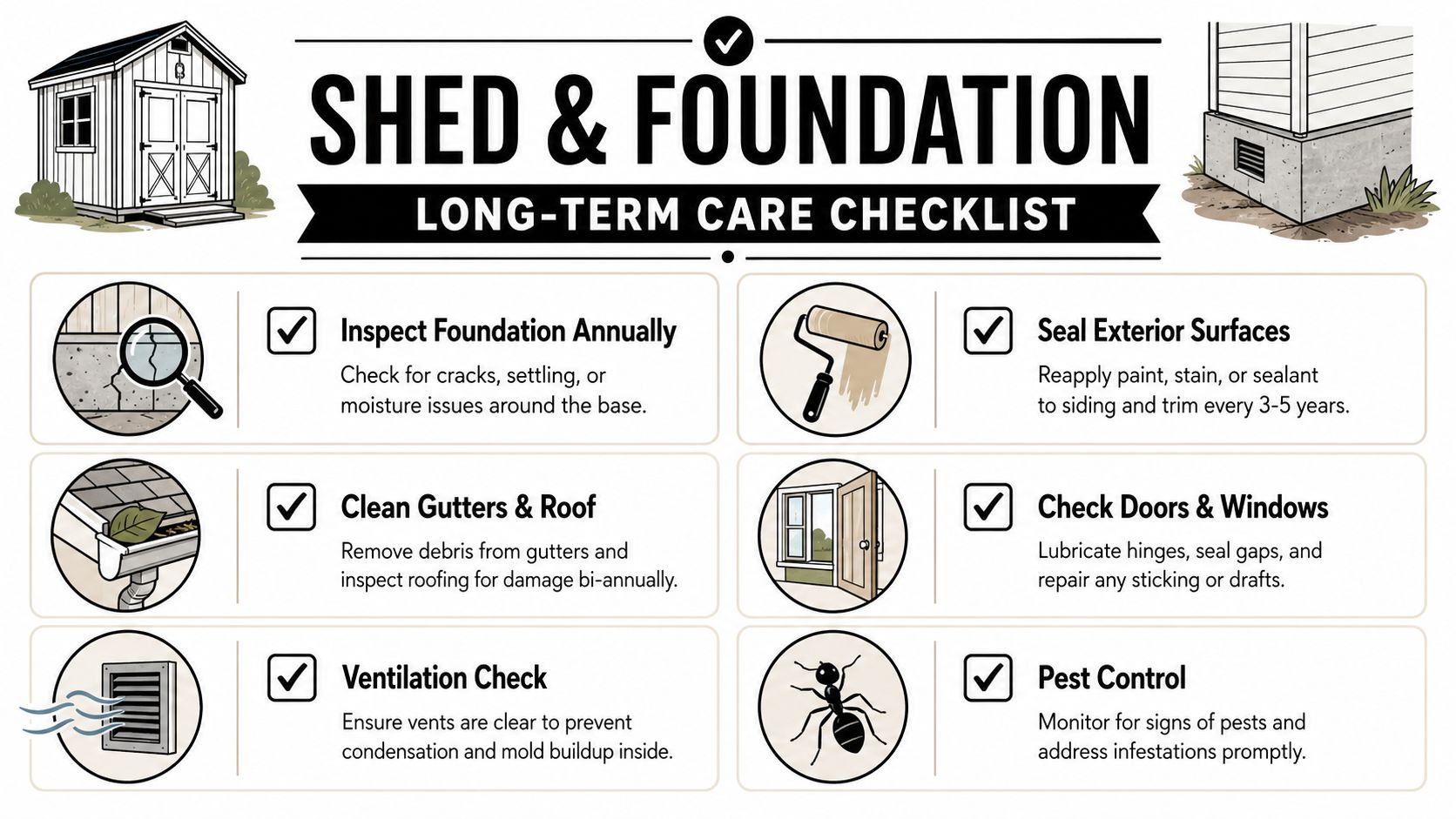 Shed Plans 20 X 20: A PA & MD Foundation Guide 5 A maintenance checklist graphic titled Shed and Foundation Long-Term Care Checklist detailing essential tips for upkeep.