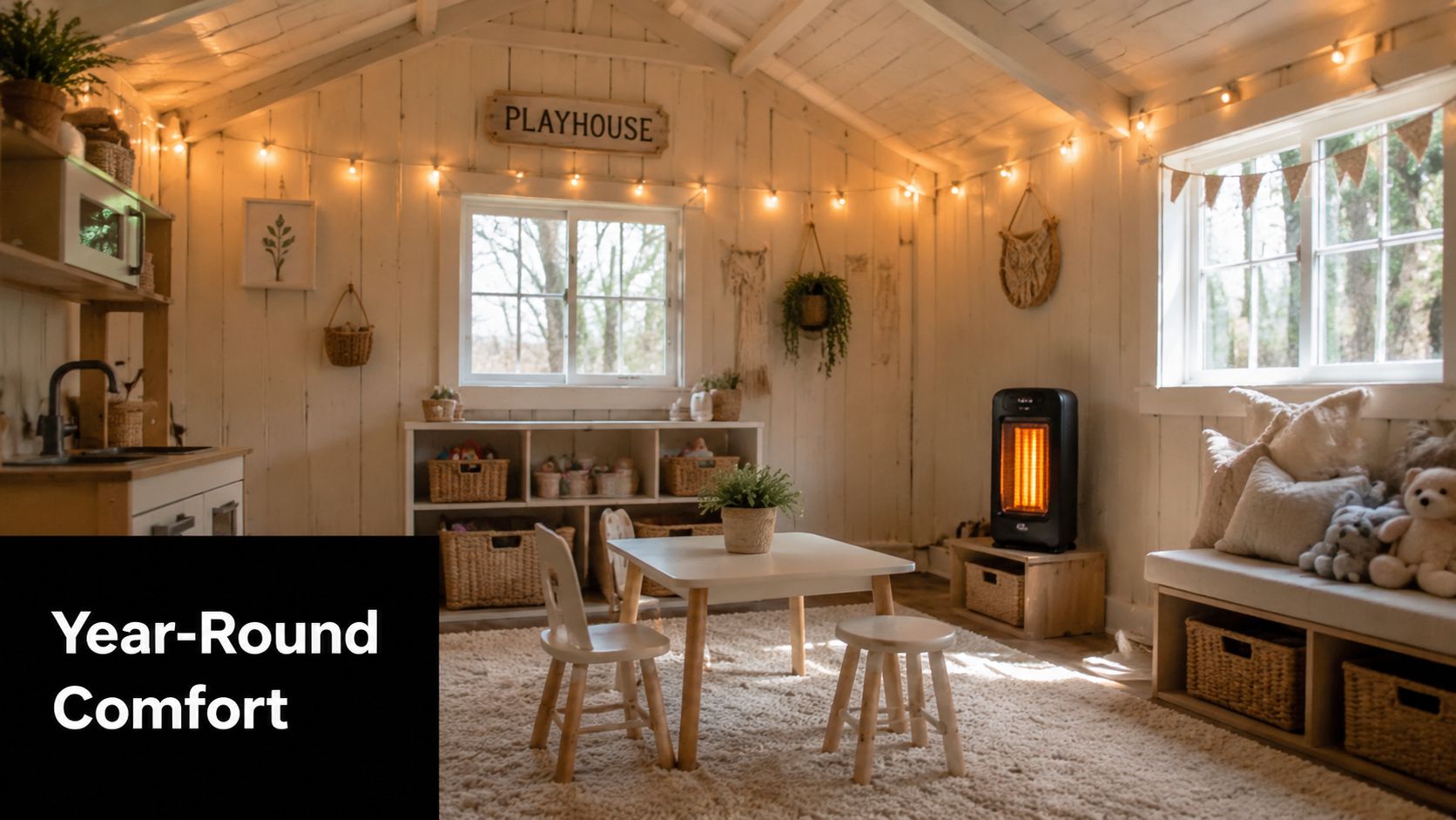 Shed to Playhouse 4 A cozy, well-lit indoor playhouse featuring a small table, chairs, storage baskets, and a space heater.