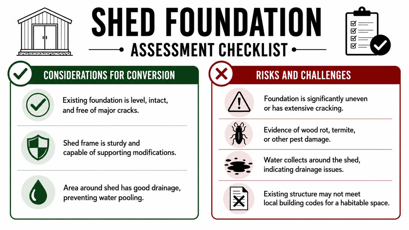 Shed to Playhouse 2 A shed foundation assessment checklist comparing considerations for conversion versus potential risks and challenges for home projects.