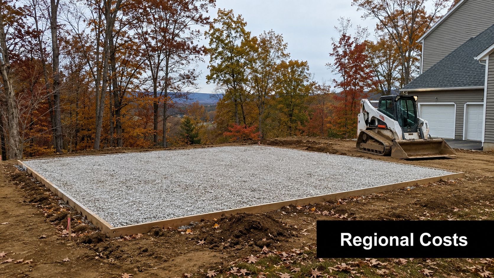 Shipping Container Foundation Cost: Options & Free Quotes 4 A construction crew prepares a level gravel base for a foundation next to a residential house.