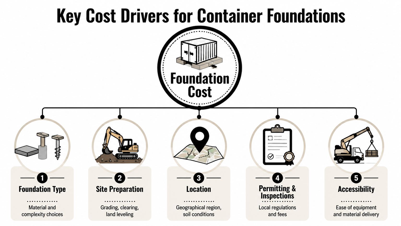 Shipping Container Foundation Cost: Options & Free Quotes 3 An infographic detailing the five key cost drivers for building shipping container foundations, including site preparation and location.