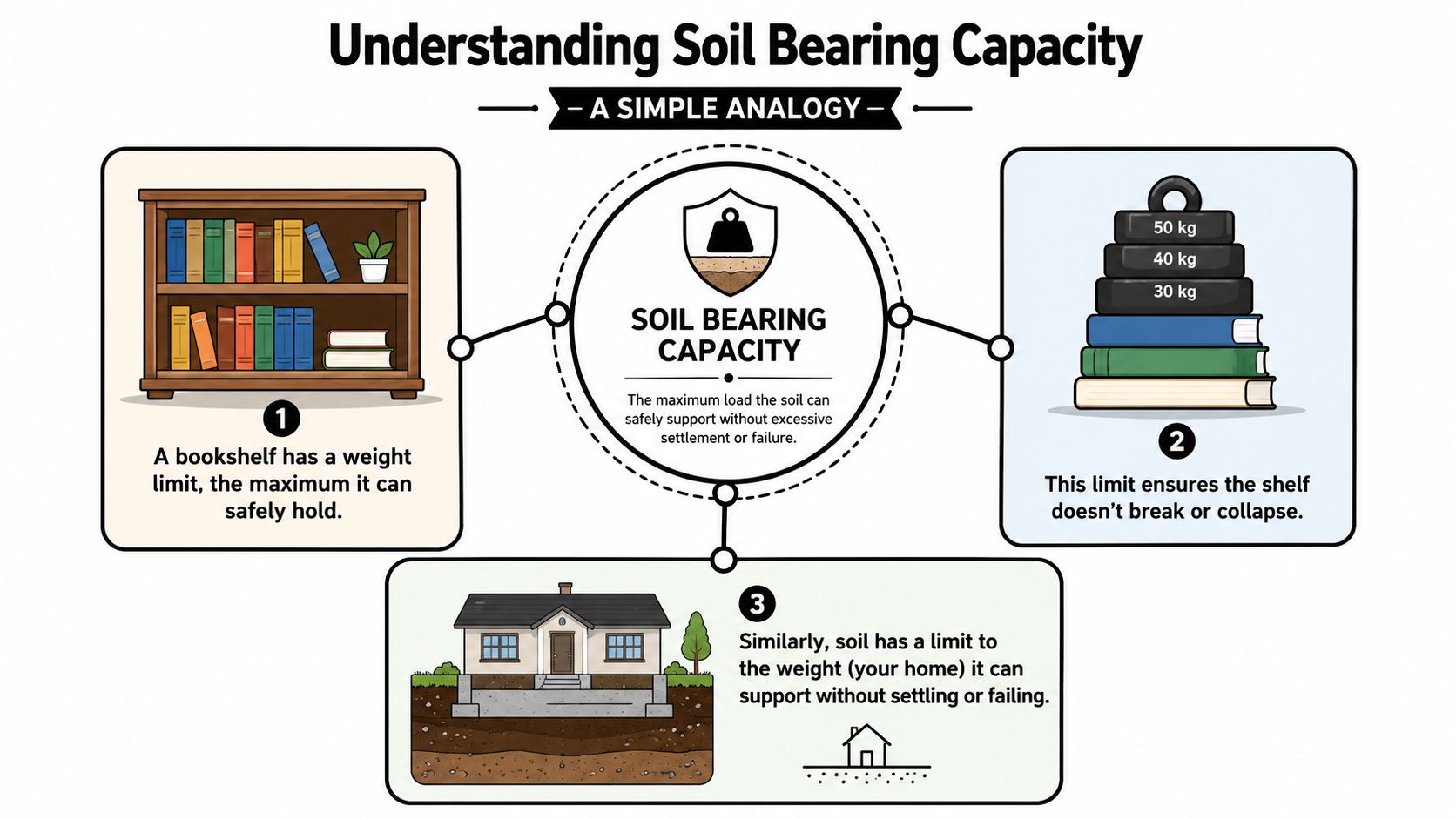 Soil Bearing Capacity: Solid Foundations in PA, MD, DE, NJ 2 An infographic illustration explaining soil bearing capacity by comparing it to a bookshelf weight limit analogy.