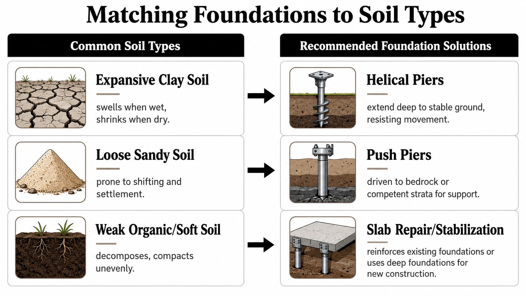 Soil Bearing Capacity: Solid Foundations in PA, MD, DE, NJ 4 A chart illustrating different soil types and their corresponding recommended foundation repair and stabilization solutions.