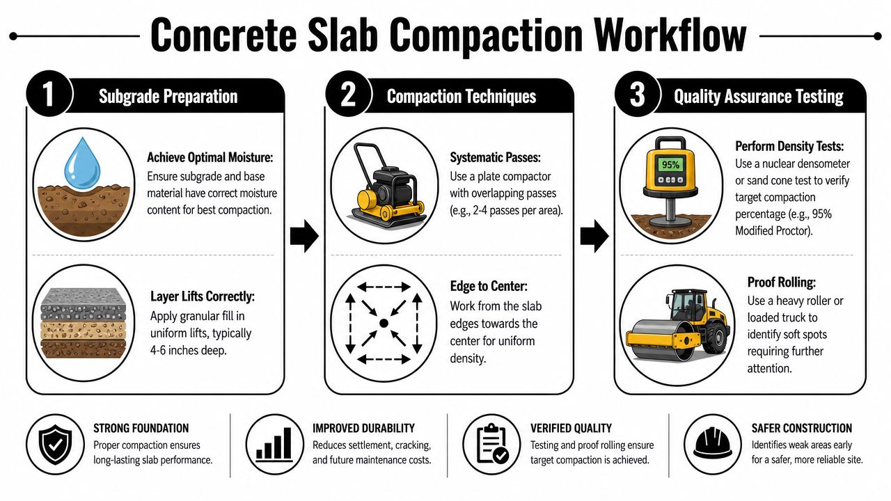 Soil Compaction for Concrete Slab: A PA & NJ Guide 4 A three-step infographic detailing the professional workflow for concrete slab soil compaction and quality testing.