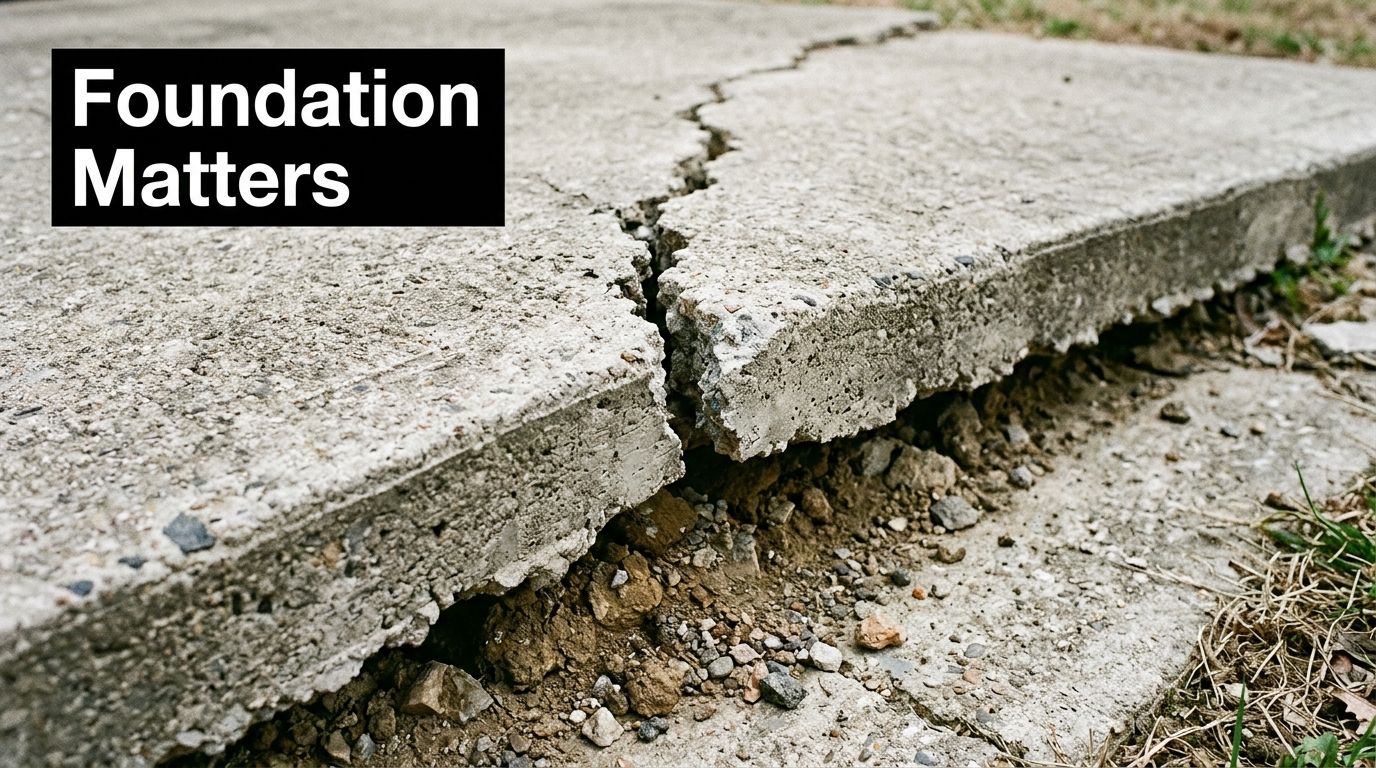 Soil Compaction for Concrete Slab: A PA & NJ Guide 2 A large crack in a concrete slab revealing the unstable soil and dirt underneath the foundation.