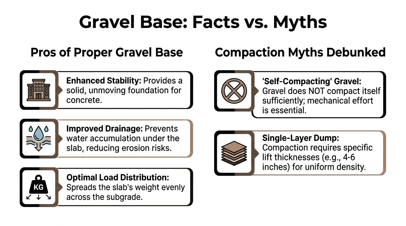 Soil Compaction for Concrete Slab: A PA & NJ Guide 3 An infographic titled Gravel Base: Facts vs. Myths explaining benefits and proper compaction techniques for concrete foundations.