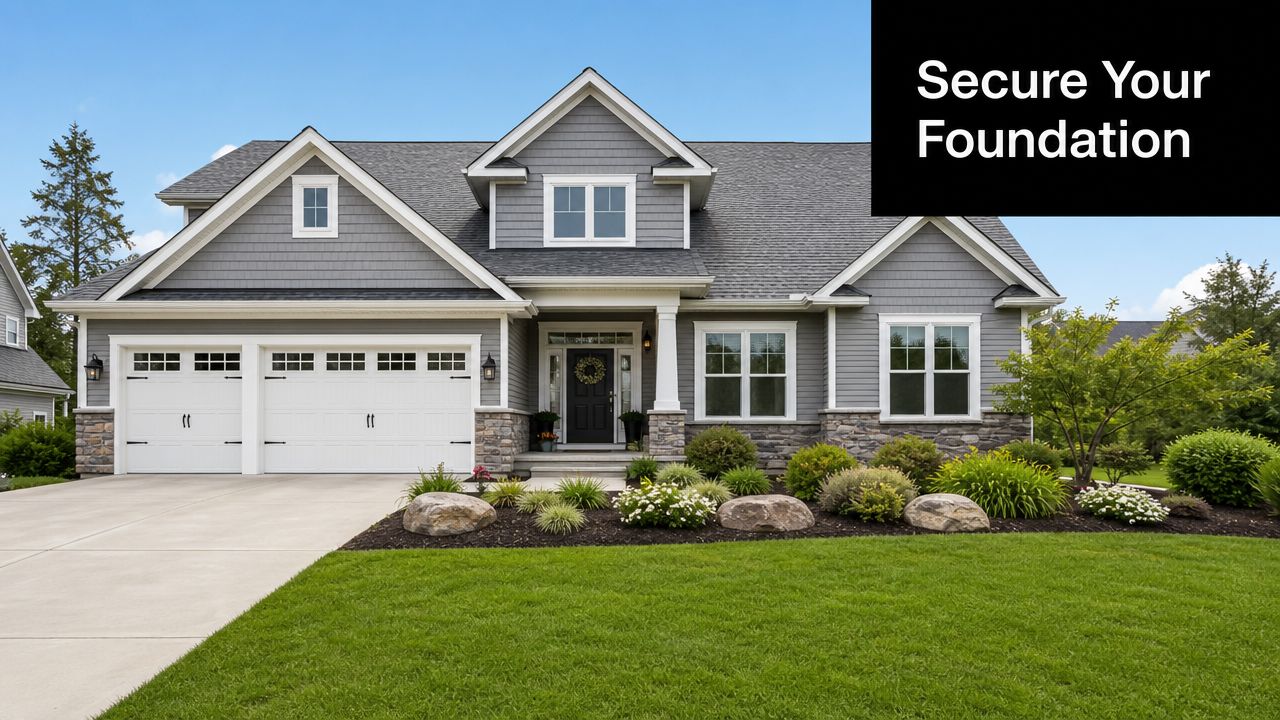 Structural Integrity Assessment: Secure Your Home 5 A beautiful grey suburban home with a manicured lawn, stone accents, and a well-maintained exterior foundation.