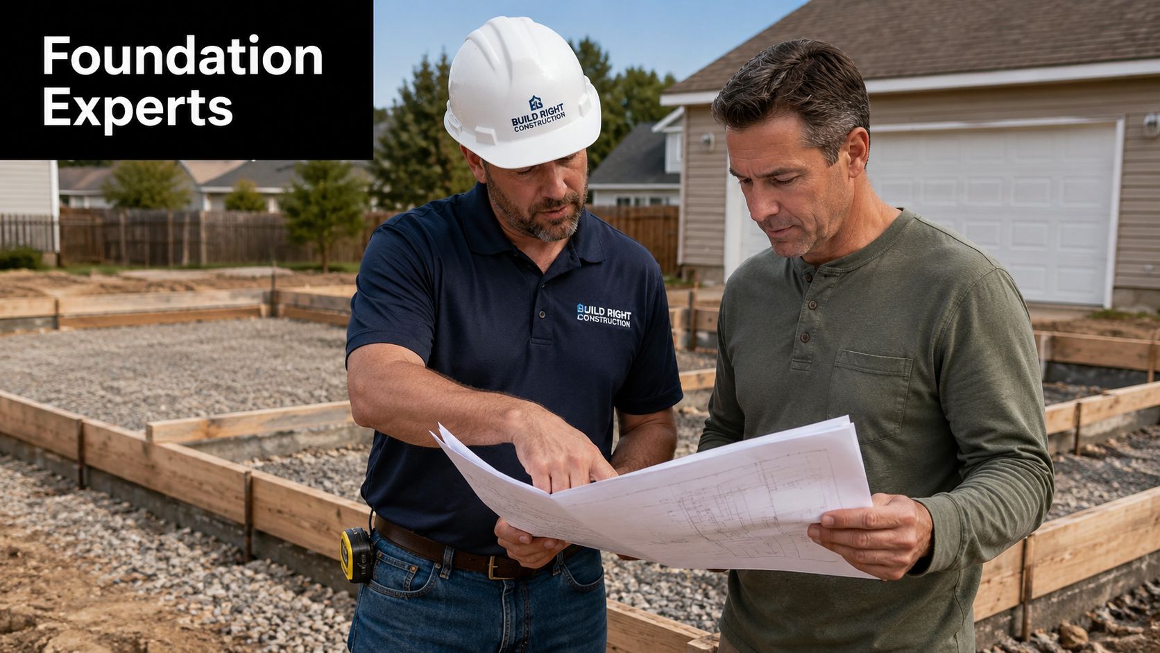 Two Car Garage for Sale: A Homeowner's Guide for 2026 5 A construction professional and a client reviewing house foundation blueprints at a residential building site.