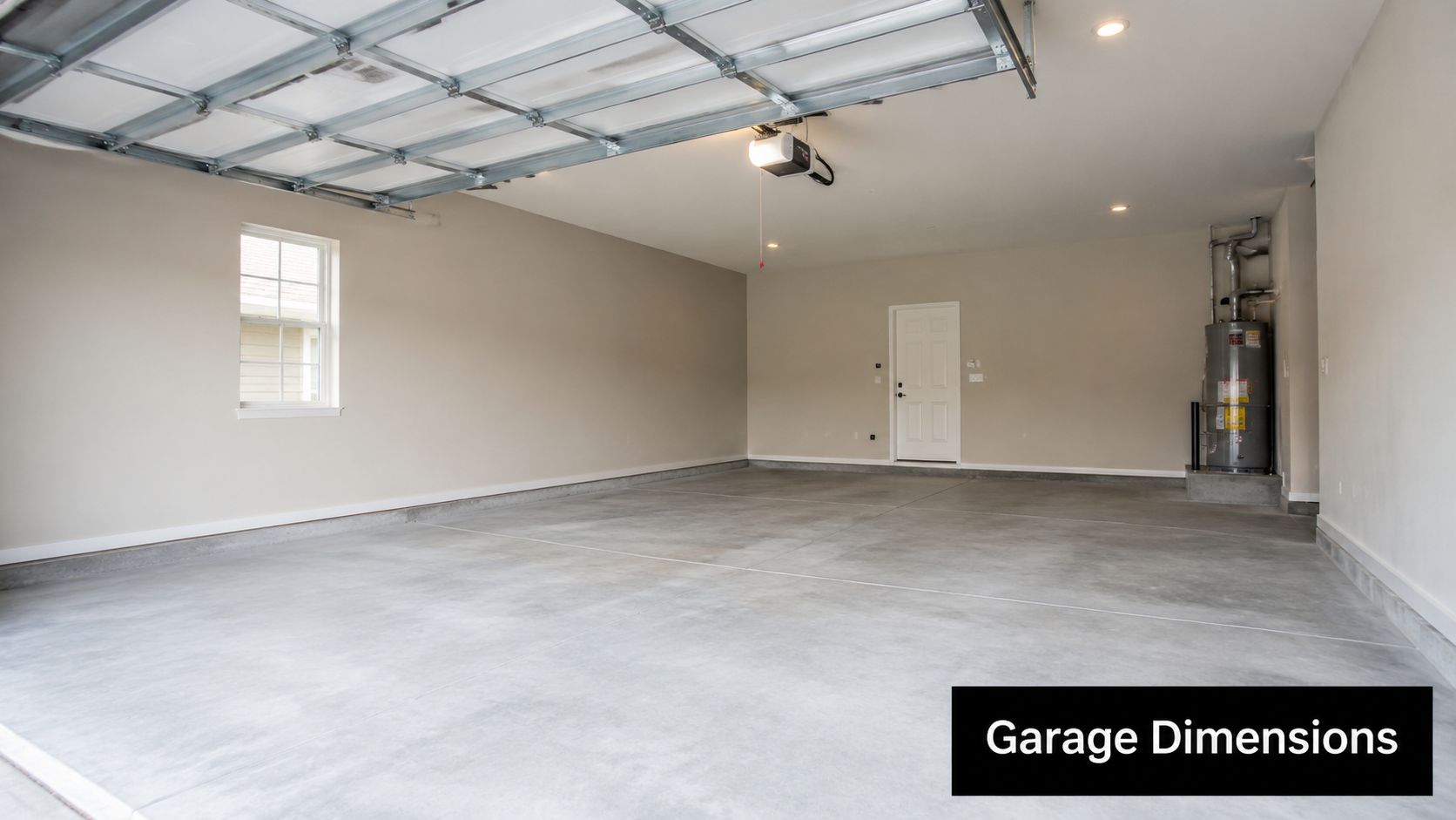 Two Car Garage for Sale: A Homeowner's Guide for 2026 2 A clean, empty two-car garage with beige walls, a white entry door, and a water heater.