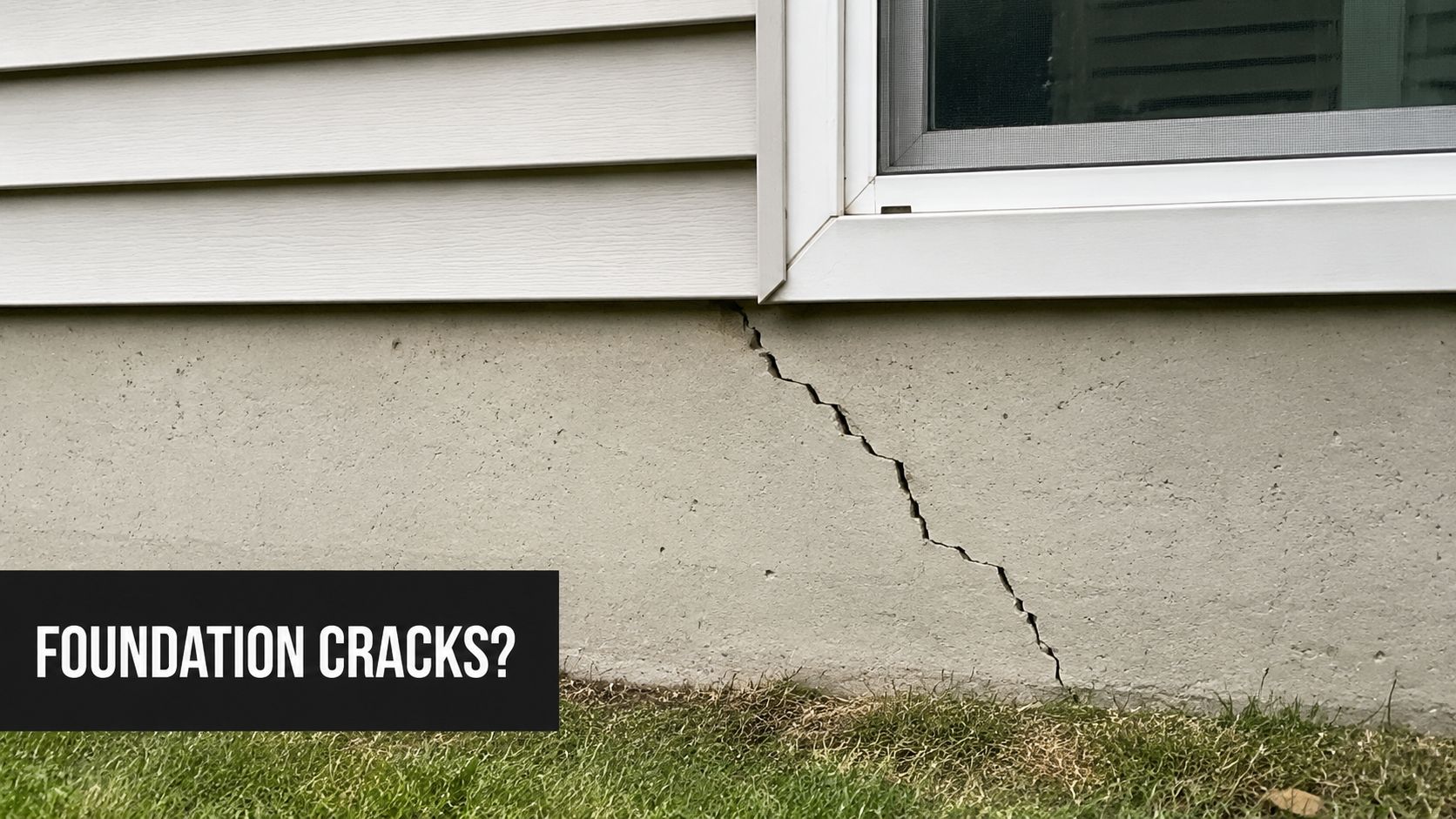 What Is Differential Settlement? Expert Foundation Repair 2 A diagonal crack in a home's concrete foundation wall extending downward from a window frame.