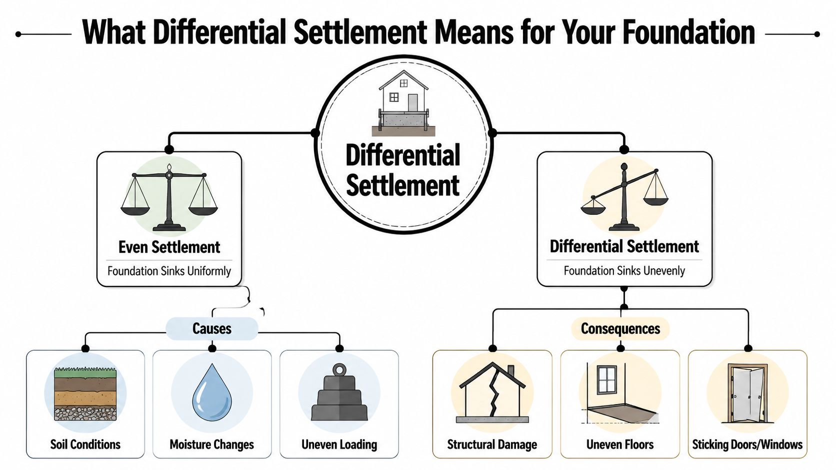 What Is Differential Settlement? Expert Foundation Repair 3 A diagram explaining the causes and consequences of differential settlement for building foundations.
