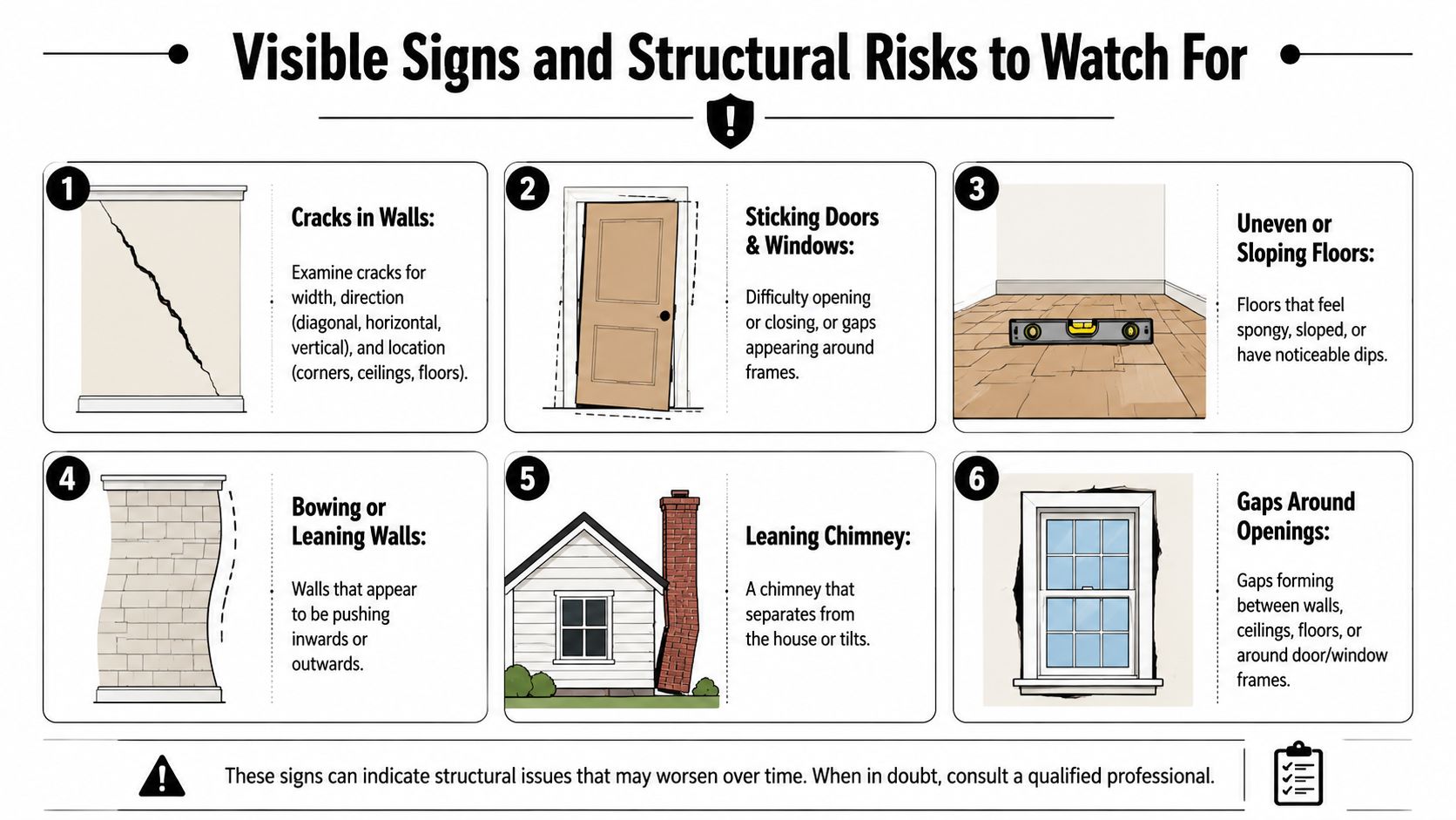 What Is Differential Settlement? Expert Foundation Repair 4 An infographic showing six visual signs of structural risks like cracks, sloping floors, and leaning chimneys.