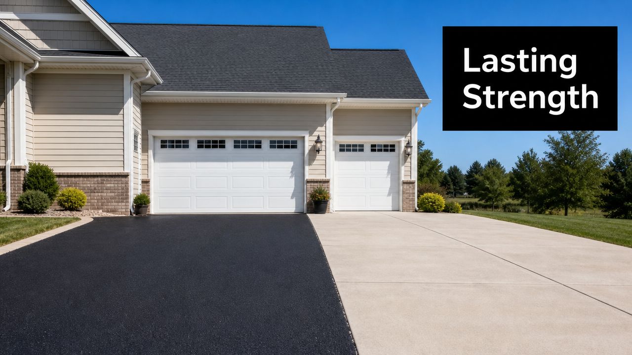 Asphalt vs Concrete Driveway: A PA & MD Homeowner's Guide 3 A modern suburban house exterior showing a comparison between a dark asphalt driveway and a light concrete driveway.