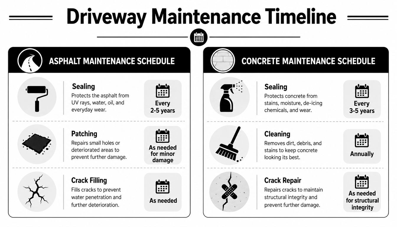 Asphalt vs Concrete Driveway: A PA & MD Homeowner's Guide 4 A comparison chart outlining maintenance timelines for asphalt and concrete residential driveways including sealing and repairs.