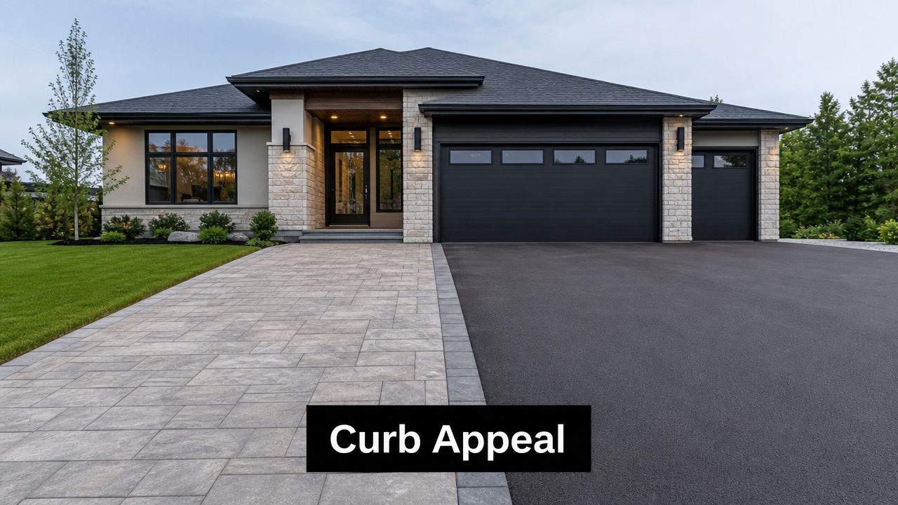 Asphalt vs Concrete Driveway: A PA & MD Homeowner's Guide 5 A modern single-story house with a combination driveway featuring both stone pavers and black asphalt.