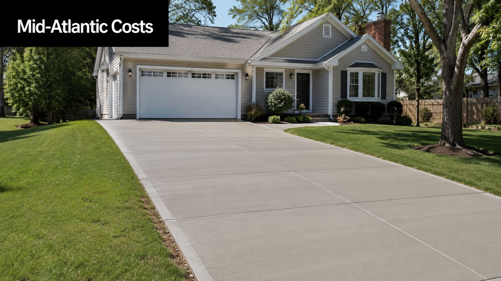 Concrete Driveway Cost Per Square Foot: A 2026 Guide 3 A modern suburban house with a freshly paved concrete driveway in the Mid-Atlantic region.