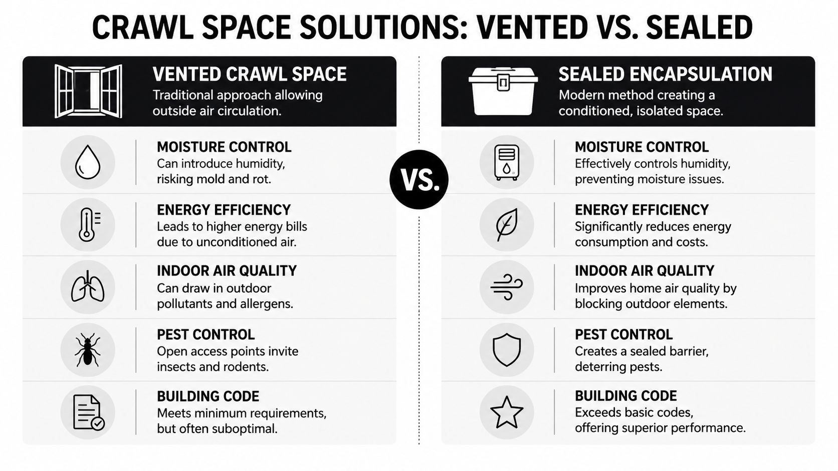 Concrete Foundation Vents: Your 2026 Guide 5 A comparison chart showing the differences between a vented crawl space and sealed crawl space encapsulation.
