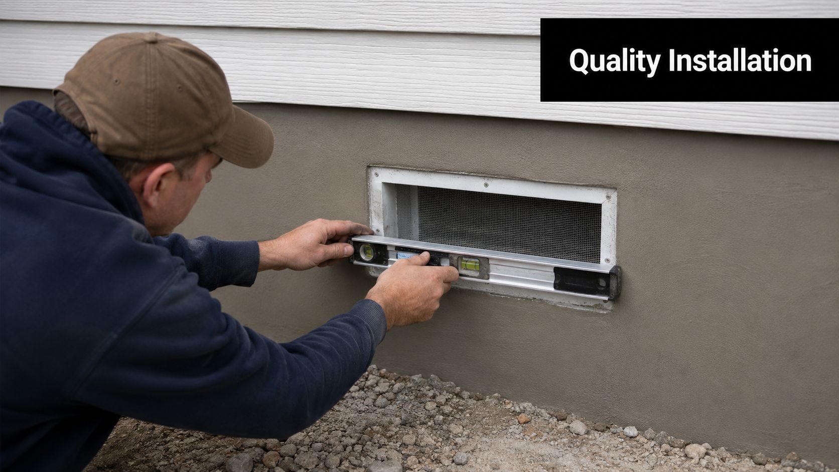 Concrete Foundation Vents: Your 2026 Guide 3 A construction worker uses a spirit level to check the alignment of a foundation vent on a home.