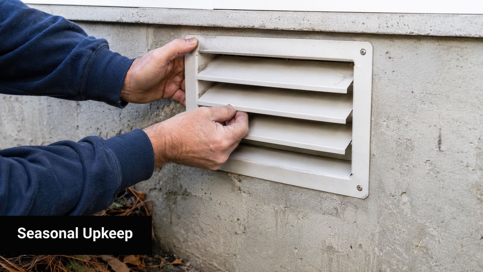 Concrete Foundation Vents: Your 2026 Guide 4 A person adjusting a white foundation vent cover mounted on a concrete wall for seasonal maintenance.